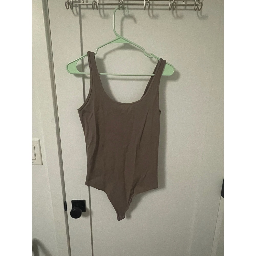 Abercrombie Fitch Ribbed Tank‎ Bodysuit Taupe XL Snap Closure Thong